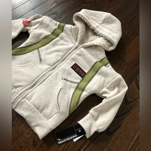Ghostbusters Boys 3T Beige/Green Venkman Sherpa Lined Hooded Full-Zip Sweatshirt - Picture 3 of 13